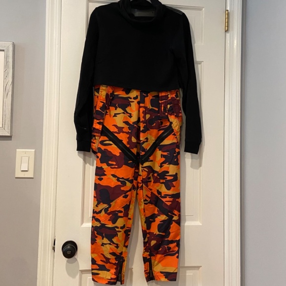 2-Piece Hip Hop Costume – Orange Camo Pants/Black Cowl Neck Mesh Crop Top Small - Picture 1 of 14
